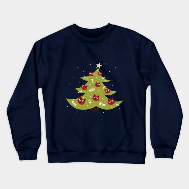 Cat Christmas Tree With Fish Ornaments Crewneck Sweatshirt by Boriana Giormova